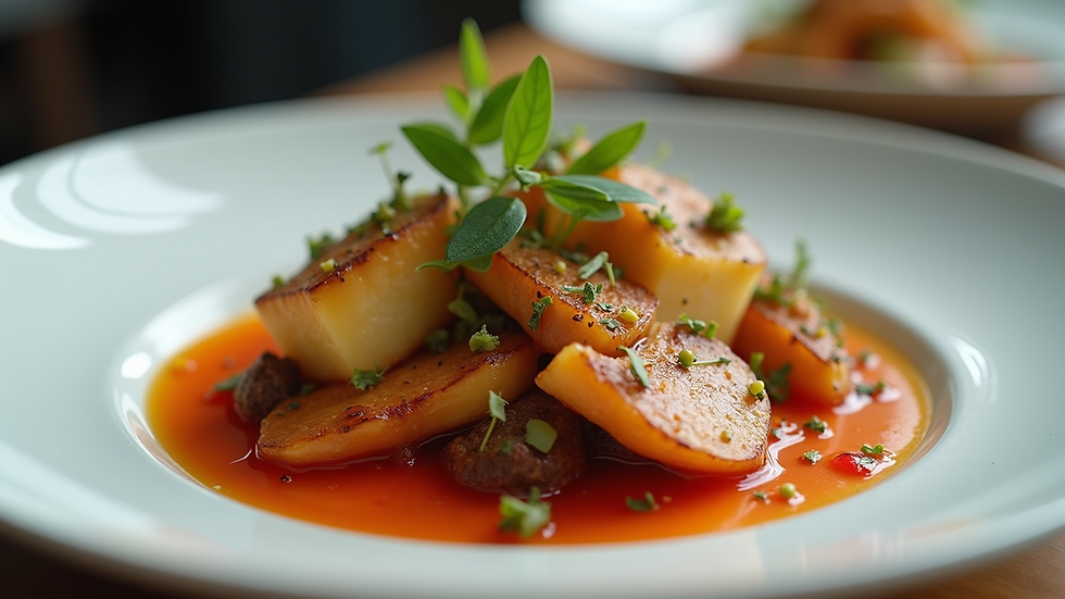 Close-up view of a plated gourmet dish showcasing architectural plating and vibrant colors
