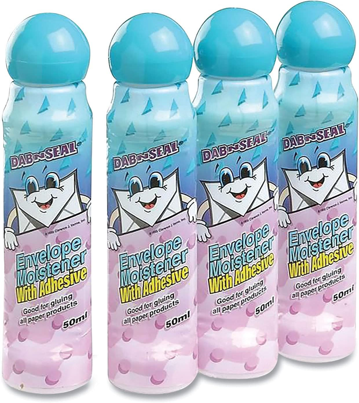Four bottles of Envelope Moistener by S-C, pink and blue packaging.