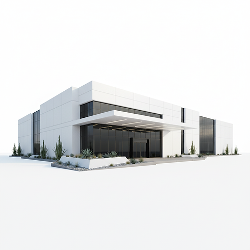 Modern white commercial building with glass entrance and landscaped front area.