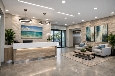 Modern Florida commercial property interior featuring renovated lobby, updated lighting, and moisture-resistant finishes as part of a professional interior renovation.