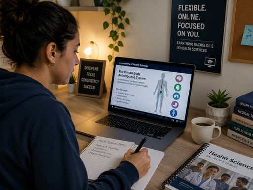 Student studying healthcare concepts on a laptop, representing a bachelors degree health sciences and flexible online learning in health sciences programs