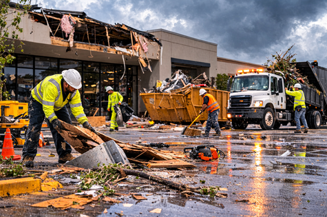 Emergency debris removal crew clearing storm debris and damaged building materials from a commercial property after severe weather.
