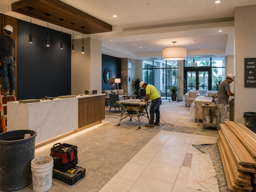 Hotel property improvement plan renovations underway at a Florida hotel with contractors upgrading guest rooms and public spaces to meet franchise brand standards.
