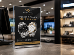 Custom counter cards with easel back displayed at a retail checkout counter promoting products and encouraging impulse purchases.