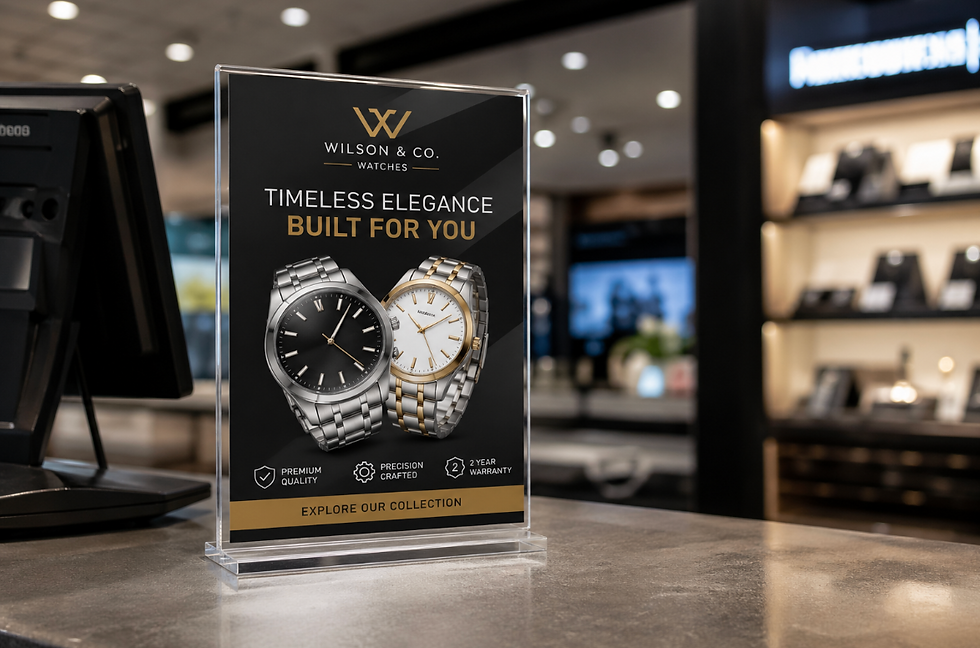 Custom counter cards with easel back displayed at a retail checkout counter promoting products and encouraging impulse purchases.