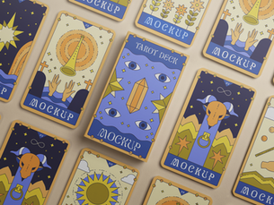 A custom tarot card deck with gold foil stamping displayed on a table.