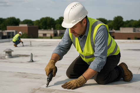 A commercial roofing technician performing roof repair on a flat commercial building in Florida, highlighting the importance of timely commercial roof repair in Florida’s storm-prone climate.