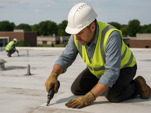 A commercial roofing technician performing roof repair on a flat commercial building in Florida, highlighting the importance of timely commercial roof repair in Florida’s storm-prone climate.