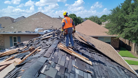 Emergency storm damage roof repair on a Florida commercial property with roofing contractors inspecting wind and hail damage after a severe storm.