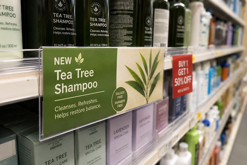 Custom shelf signage on retail shelves highlighting promotions and product features to increase visibility and drive in-store sales.