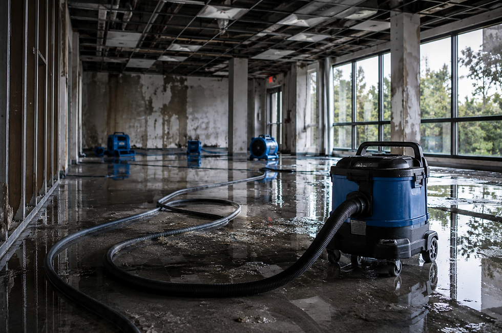 Commercial water extraction crew removing standing water from a storm-damaged commercial property using professional drying and water removal equipment.