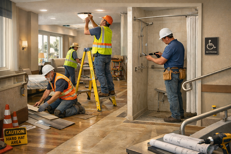 Senior living contractors in Florida completing construction and renovation work in an assisted living facility with accessible design features.