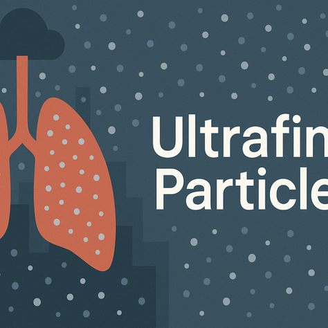 Illustration showing ultrafine particles in indoor air, with a silhouette of a house containing human lungs filled with tiny particles, symbolizing air pollution inside homes.