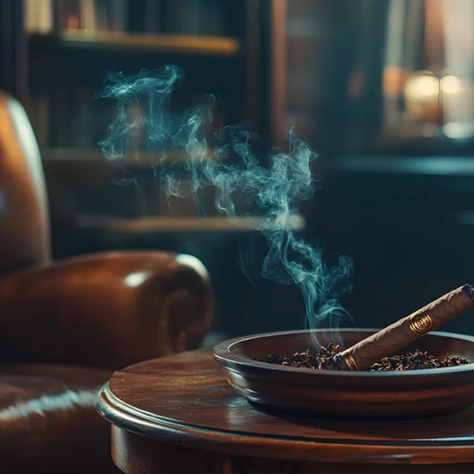 A lit cigar releasing smoke in a home setting, illustrating how tobacco smoke is one of the common household air pollutants that can impact indoor air quality.