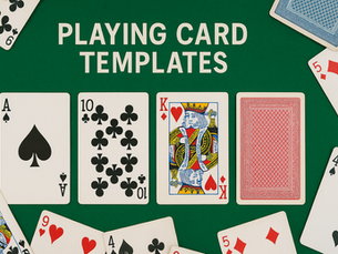 A green tabletop displaying a variety of playing cards with suits and face cards, alongside the bold title "Playing Card Templates" — representing customizable card design layouts.