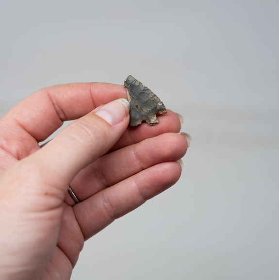 A hand holds a flint arrowhead. The arrowhead is dark grey, in the shape of a triangle with a tang at the base to attach it to an arrow. You can see marks where it was struck by tools during the flint knapping process.
