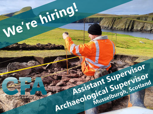 Archaeologist in orange jacket working on a dig site by a scenic coastal landscape. Text: "We're hiring! Assistant Supervisor. Supervisor. Musselburgh, Scotland"