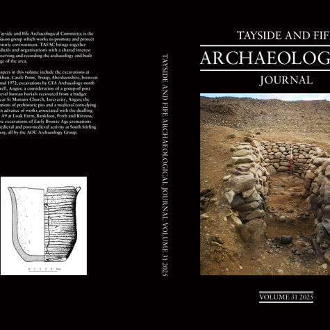 Cover of Tayside and Fife Archaeological Journal, Vol. 31, 2025. Features stone ruins on a hill and a pottery illustration. Black background.