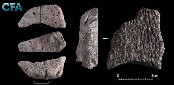 Two images have been combined, side by side.
Image 1: Three fragments of porous, irregularly shaped volcanic rock displayed against a black background with a 5cm scale for size reference.
Image 2: Close-up of two irregularly shaped, textured volcanic rock fragments on a black background with a 5cm scale for size reference.