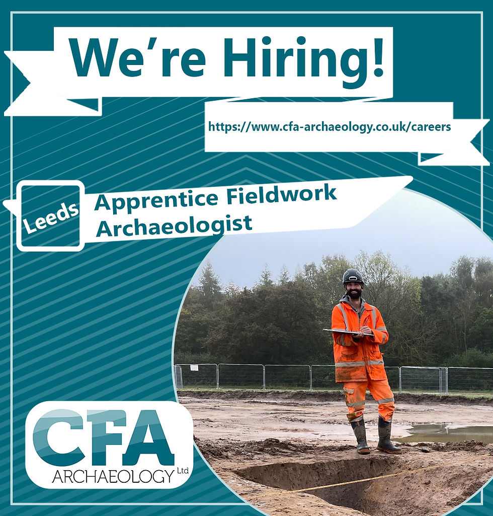 Infographic with text about hiring and a photo of a smiling archaeologist holding a clipboard.