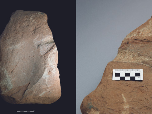 Two views of an orangey stone tool with a hollow in the centre and drainage channel to one side.