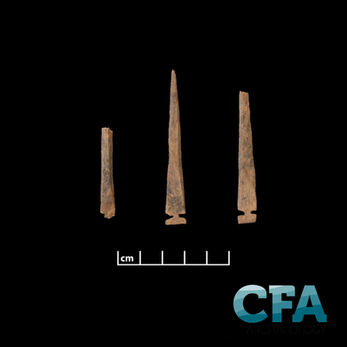 Three tan-brown bone pins are shown on a black background. Two are missing their pointed tips, and one is missing its notched base. The complete pin is in the shape of a very long, skinny triangle with notches at the bottom, making a rectangular base for things to be attached to.