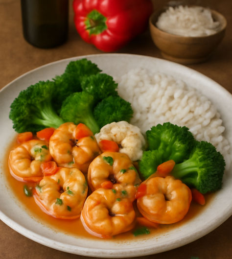 Camarones al Vino Blanco Dulce con Miel y Chile Pimiento