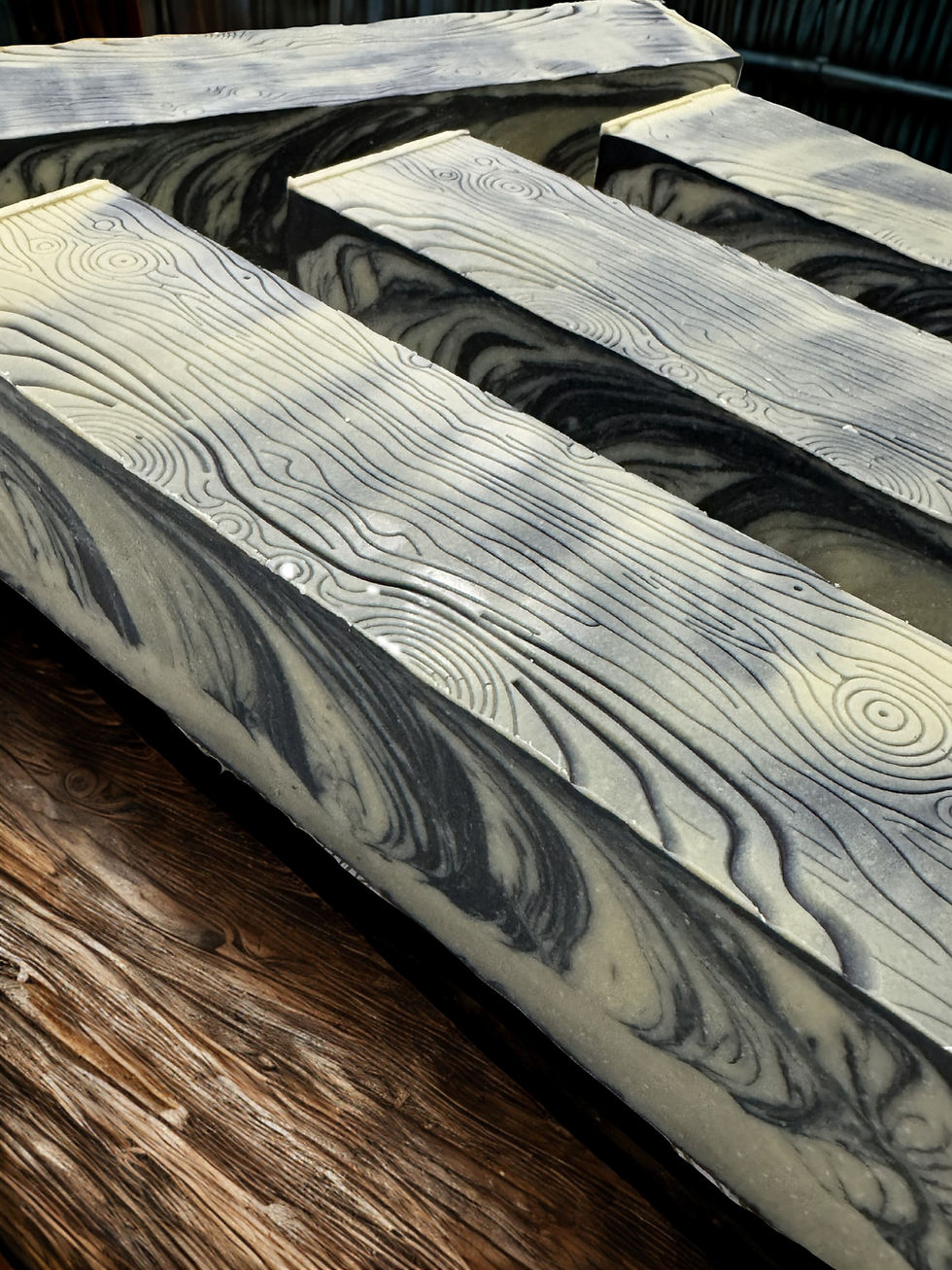 Frosted Forest Artisan Soap logs showing full log side when freshly cut during making