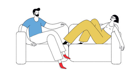 A stylized character design festuring a couple sitting comfortably on a sofa.