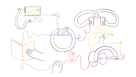 Multiple hands connected by a line, engaging in various fun activities: playing guitar, drawing, reading, taking a picture, toasting with glasses, and giving a high-five through a screen.