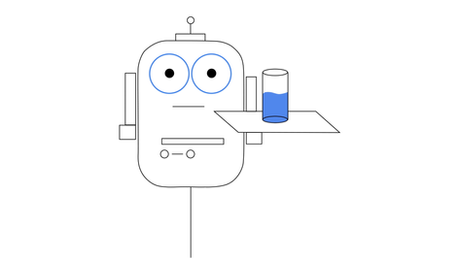 A line drawing of a robot holding a blue drink on a tray.