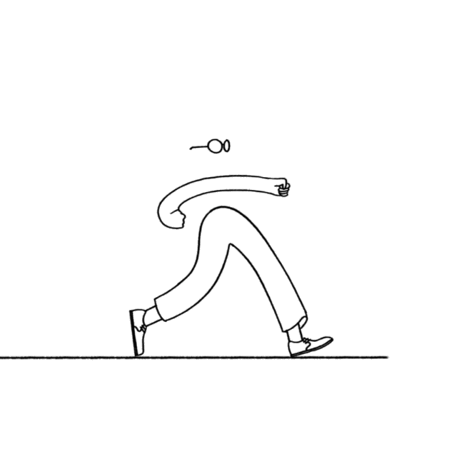 An animation depicting a walk cycle with characters swapping while walking. The characters include a working man with a tie and suitcase, a little boy holding a cup, and a tall woman.