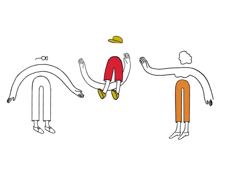 A couple stands with a child between them, swinging on their arms. As the boy swings, the three form the shape of a heart.