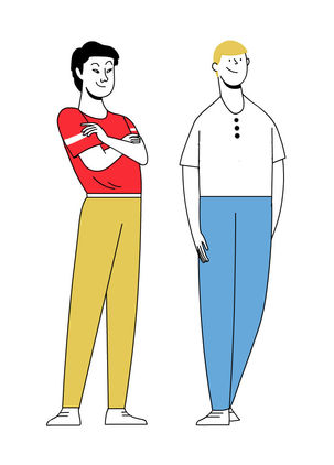 Character design featuring two young men, one Asian and the other white, dressed in casual attire.