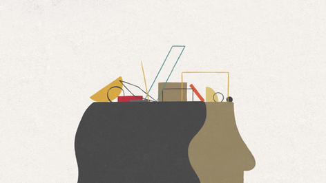 Conceptual illustration featuring a head filled with abstract ideas, expressed through creative and visually dynamic elements.