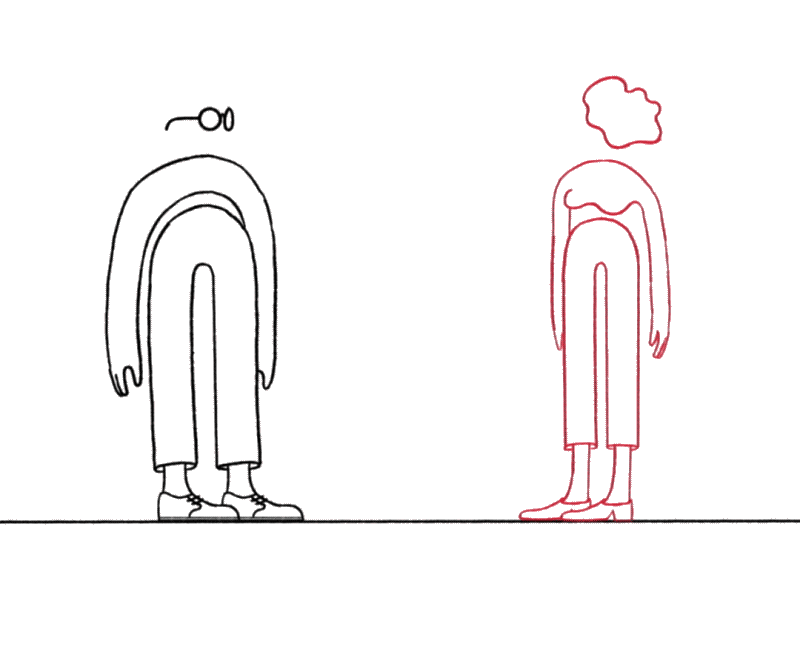 A man and a woman stand in front of each other on a line. The line becomes wavy, pushing them closer together. They fall into a tight, cozy super hug, with their limbs extending unusually long.