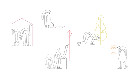 A drawing of seven people draw shapes with their pencils. One man sketches a skateboard. A couple draws a house. Another man sketches a tree. A grandfather draws a kite for his grandson. Lastly, a girl draws a trophy.