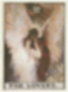 Pintura. Duas pessoas se beijam. Estão uma na frente da outra. A da frente, inclina o rosto para trás enquanto toca o rosto da pessoa atrás dela. O de trás, inclina o rosto para baixo beijando os lábios da pessoa à frente. A da frente usa roupa branca de mangas compridas. A de trás, usa roupa vermelha e tem um grande par de asas nas costas e um aurelo iluminado.