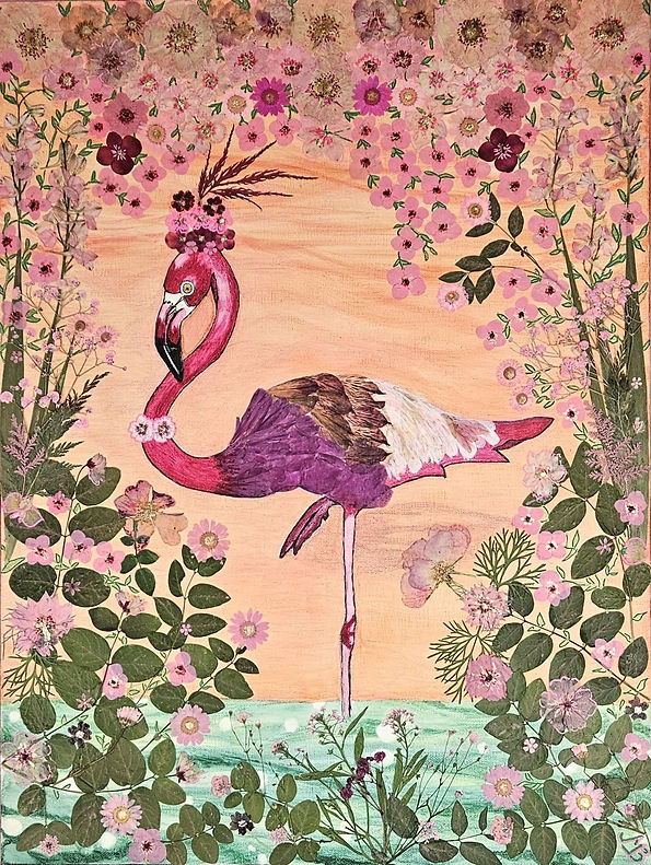 Pink Flamingo in Bloom | Mixed Media