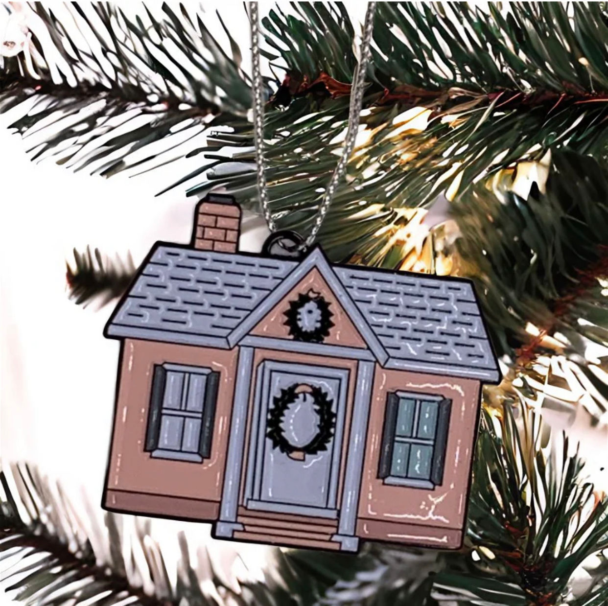 Bermuda Pink House Christmas Ornament with Wreath on the Door