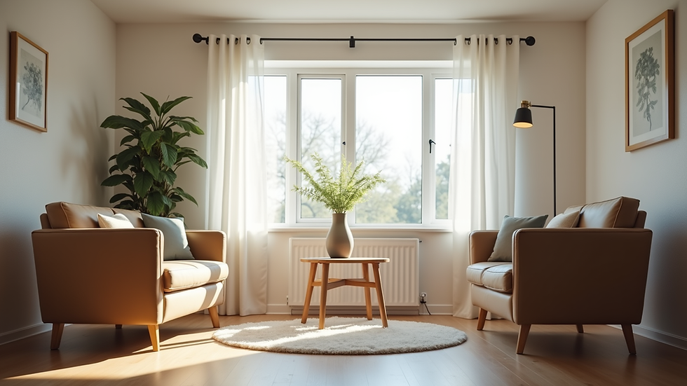 Eye-level view of a serene counselling room with comfortable seating