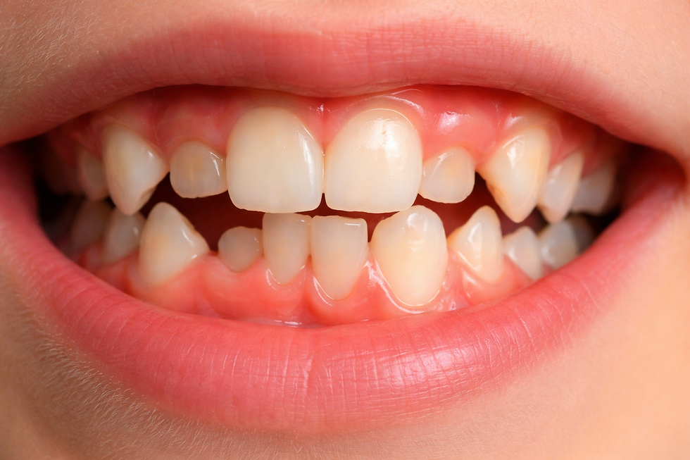 Close-up view of a child's crowded teeth showing overlapping front teeth