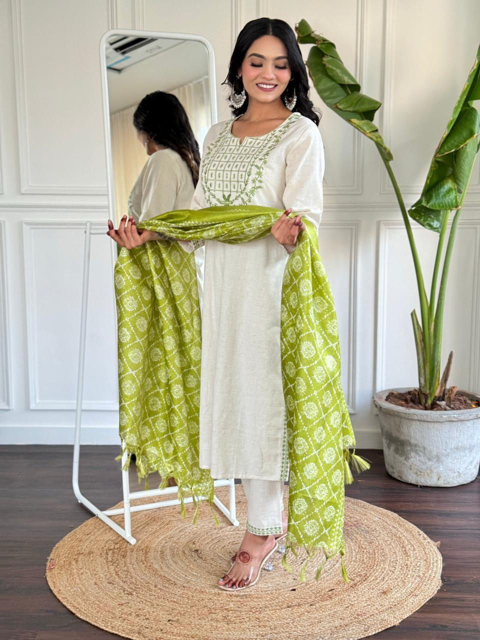 Thumbnail: Handloom cotton flex kurta pant set with khadi silk dupatta