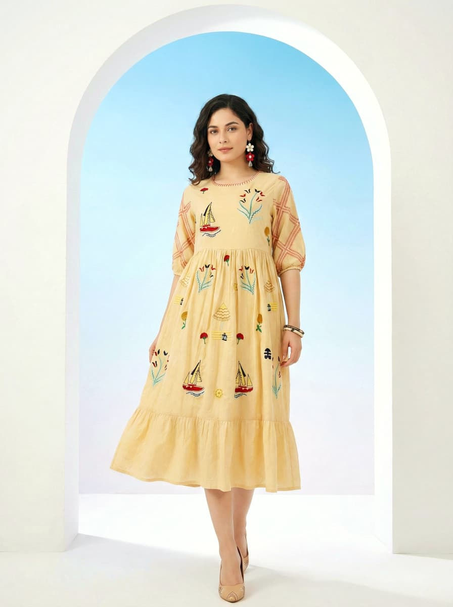 Thumbnail: FS-03 Beige Midi Dress | Embroidered Midi Dress | Women's Summer Dress