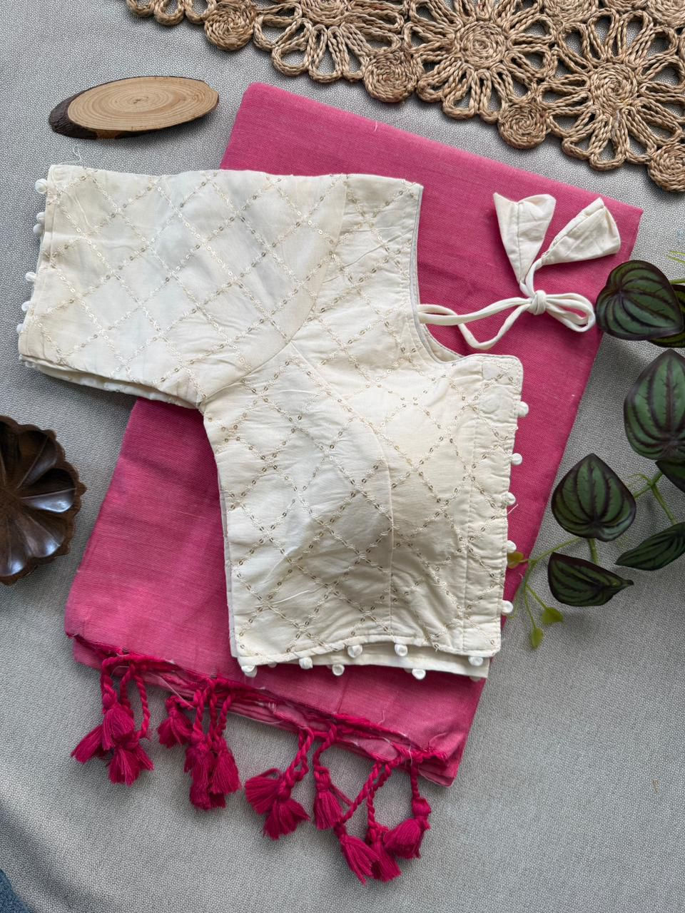 Thumbnail: SP-16 Soft Khadi Cotton Saree| Readymade Leheriya  Embroidery Padded Blouse