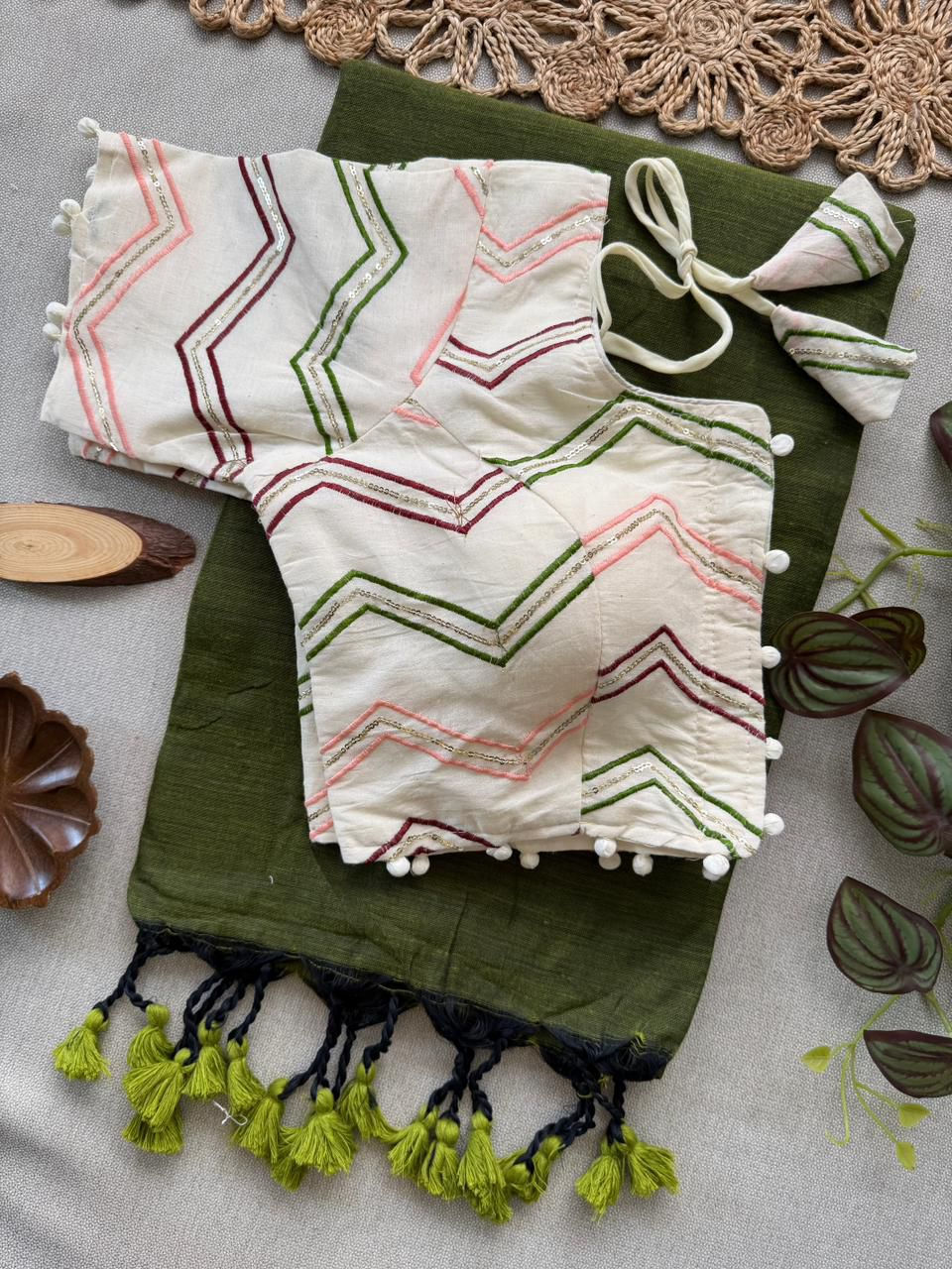 Thumbnail: SP-16 Soft Khadi Cotton Saree| Readymade Leheriya  Embroidery Padded Blouse