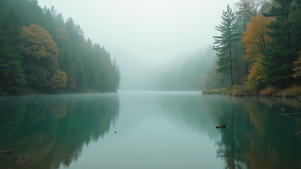 Close-up view of a serene nature scene with a calm lake and surrounding trees