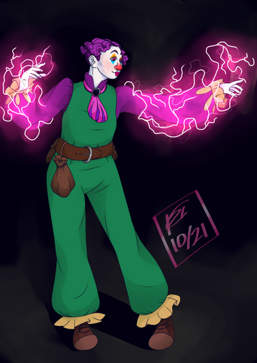 A full body illustration of a clown in front of a dark non descript background. They're in a wide stance with one arm out in front of them, the other hand held up to head height behind them. They have blue and orange eye makeup, pink lipstick, a red nose, and curly purple hair. They're wearing a green romper, a purple blouse, belt with pouches, a pink cravat and brown shoes. Their arms are surrounded by pink lightening.