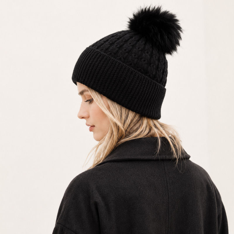 Thumbnail: Wool Blend Hat with Fur Pom-Pom