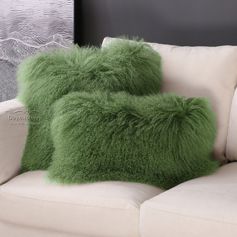 Mongolian Sheepskin Wool Pillow / Cushion Cover in Olivine